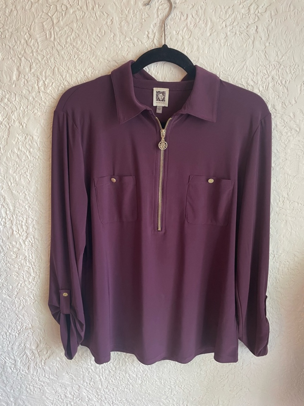 Anne Klein Plum Zip-Front Top with Gold Hardware